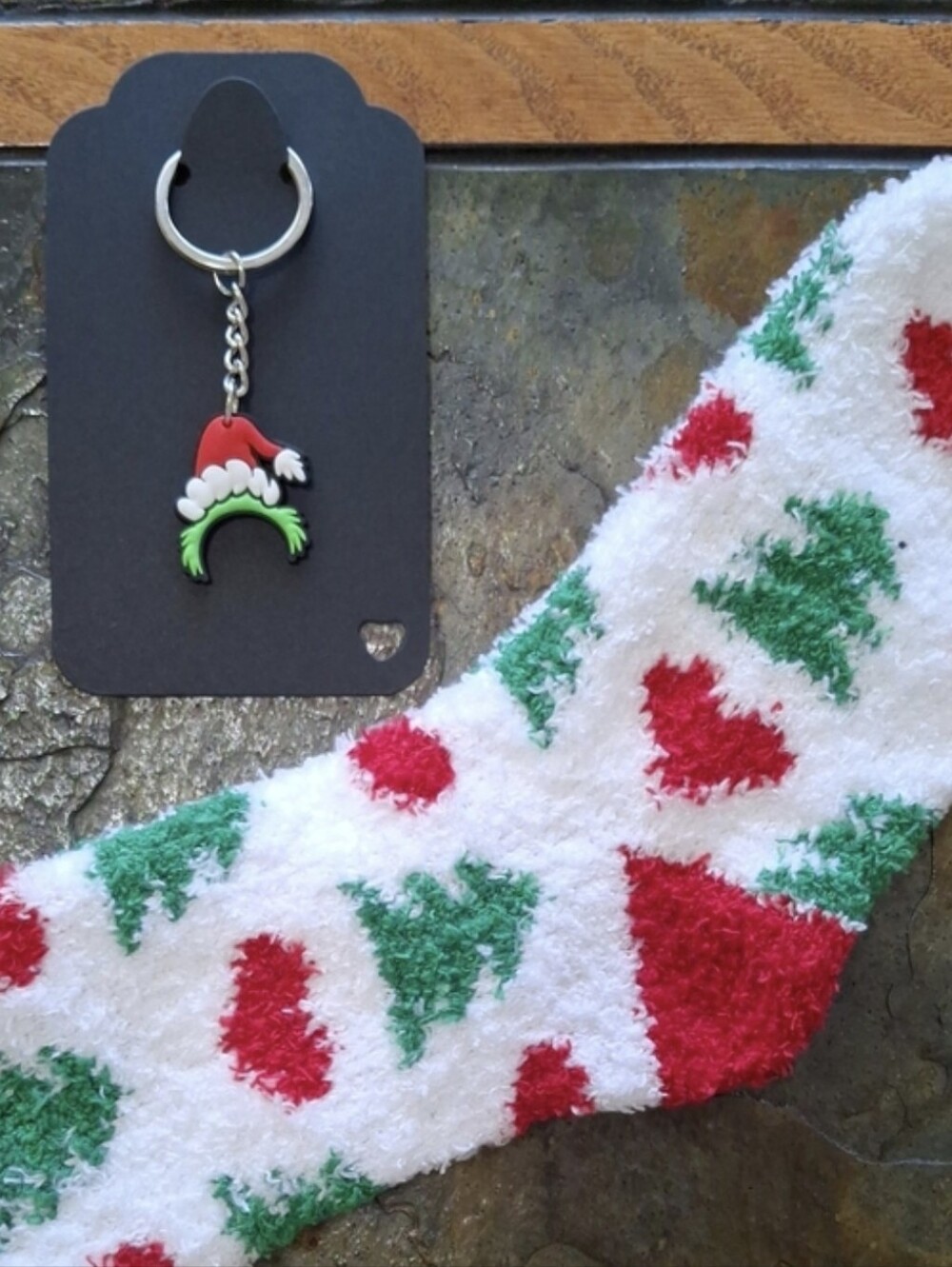 Festive Fuzzy Socks with Christmas Tree Pattern & Cute Keychain/Bag Charm